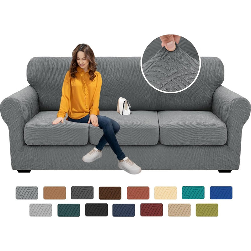 Housse de canapé super extensible pour canapé 3 coussins, protecteur de meubles antidérapant doux, ensemble de 4 pièces, gris clair