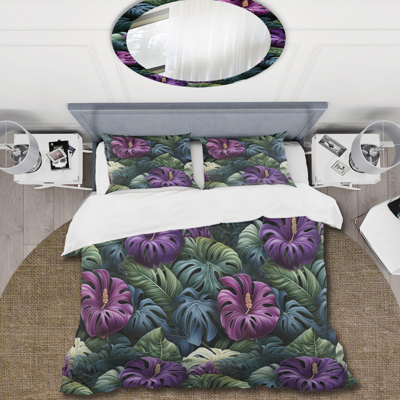 Literie Monstera Enchantment Tropical, Housse de couette pour grand lit et 2 taies décor