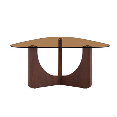 Vintage-style triangular coffee table with a tea-colored tempered glass top and walnut-colored MDF triangular legs. Ideal as a sofa side table,corner table, portable coffee table for the living room.
