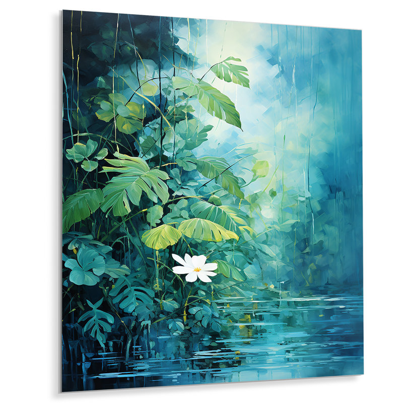 «Blue and White Tropical Plants Mirage 4 - Jungle», art mural en métal, H 40 po x l 30 po x P 1,5 po