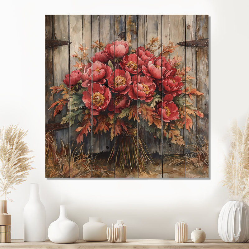 Bouquet de pivoines au charme rustique - Art mural en bois pivoines - sur bois de pin naturel, H 15 po x l 15 po x P 0,78 po