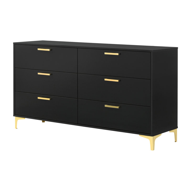 Commode double l 58,1 po à 6 tiroirs Kaomi, Noir / doré