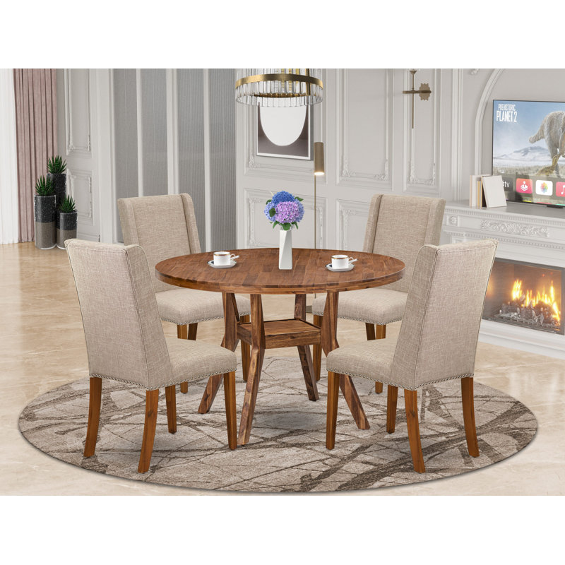 L'ensemble de table de salle à manger 5 pièces comprend une table moderne et 4 chaises rembourrées en tissu de lin brun clair à haut dossier, noyer antique