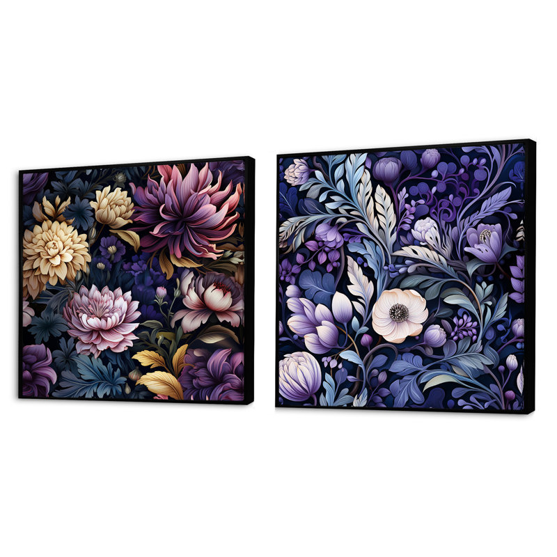 Deep Emerald - lotus mauve enchante - ensemble de 2 collages floraux carrés, Cadre flottant noir, H 30 po x l 61 po