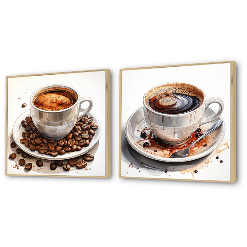 «Brown Coffee Cup Temptation I», ensemble de 2 impressions murales café, H 36 po x l 73 po x P 1,5 po, Cadre flottant brun