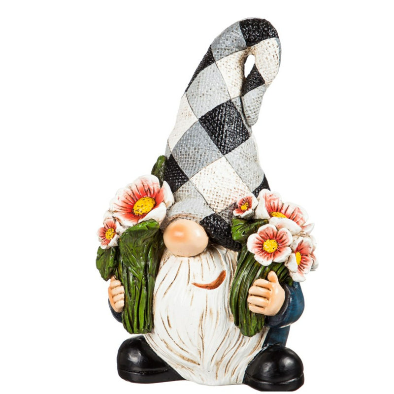 Gnome de Dankert avec statuaire de jardin aux fleurs rouges