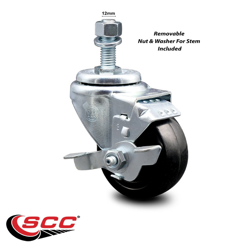 3 Inch Hard Rubber Wheel Swivel 12mm Threaded Stem Caster with Brake SCC