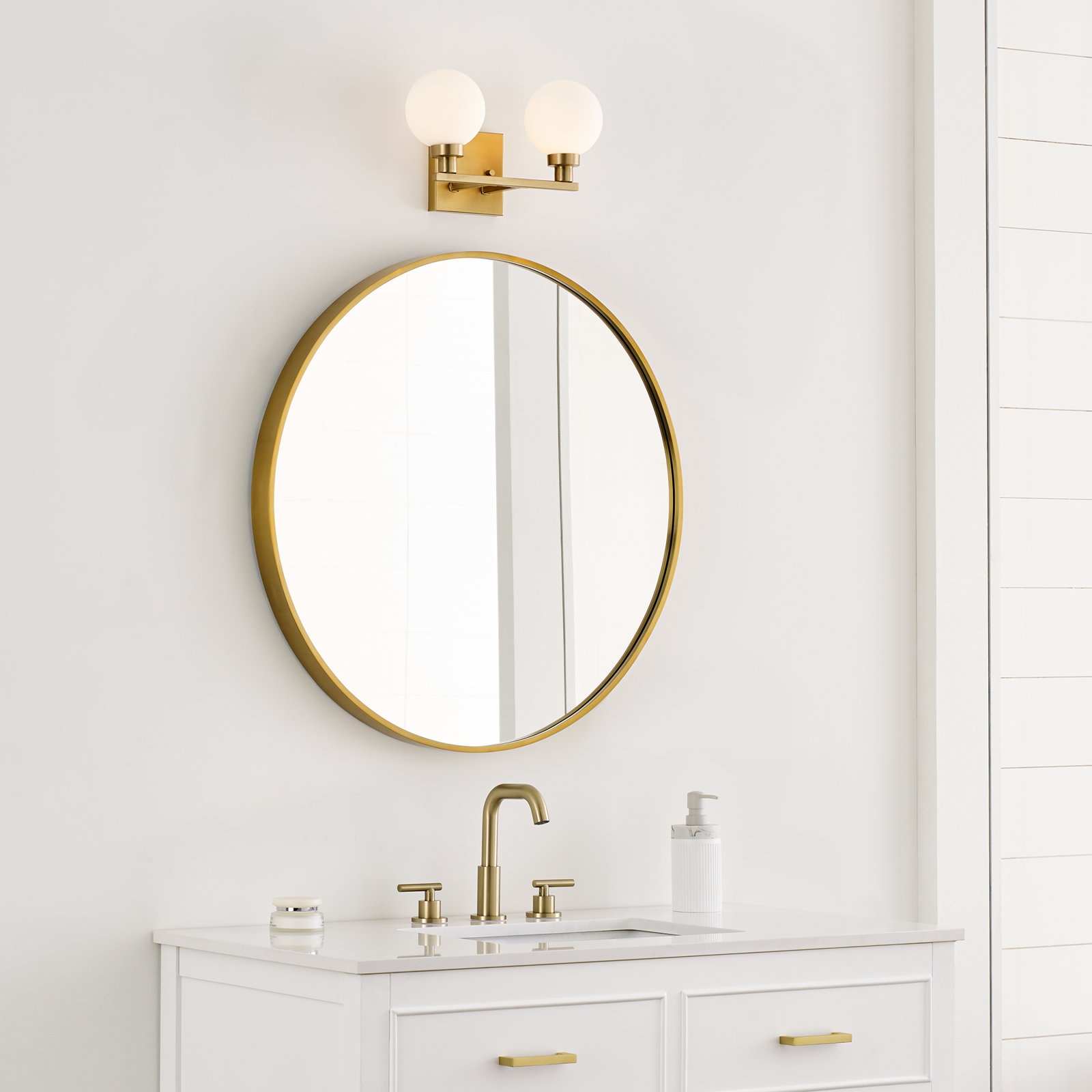 2 Light Frosted Dimmable Vanity Light, Satin Brass