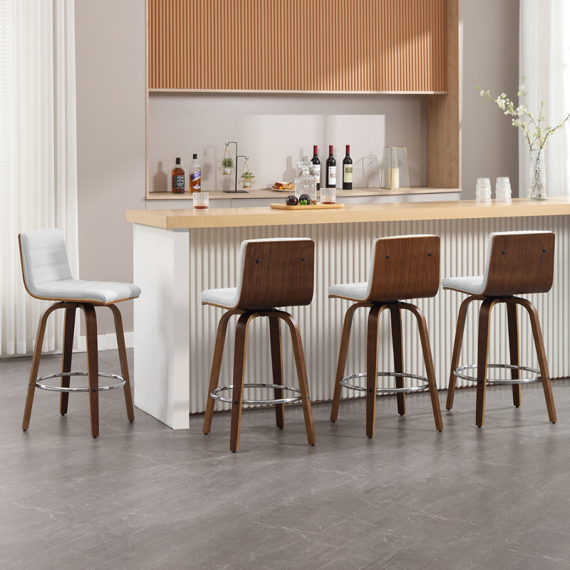White PU Leather Swivel Counter Stools with Walnut Legs, Set of 4