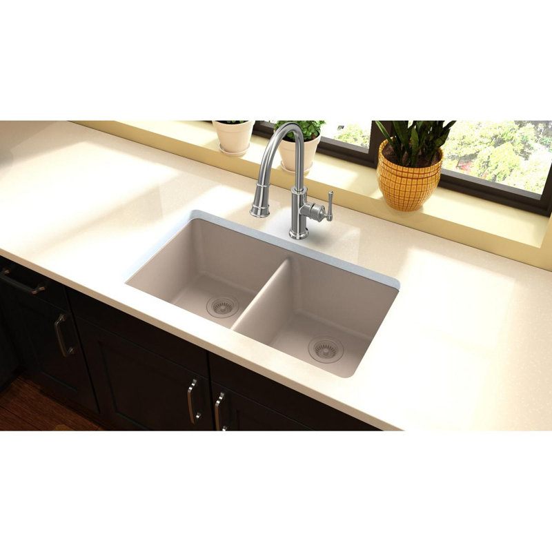 Quartz Classic 18.5" W x 33" L Double Basin Undermount Kitchen Sink, Putty
