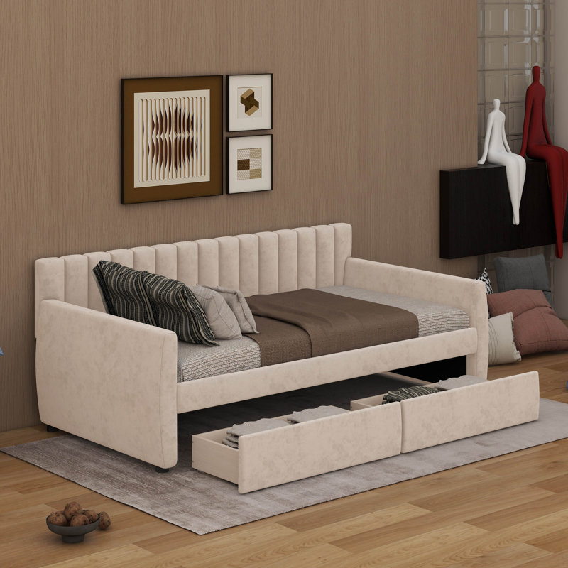 Lit de jour simple tapissier avec tiroirs, Beige