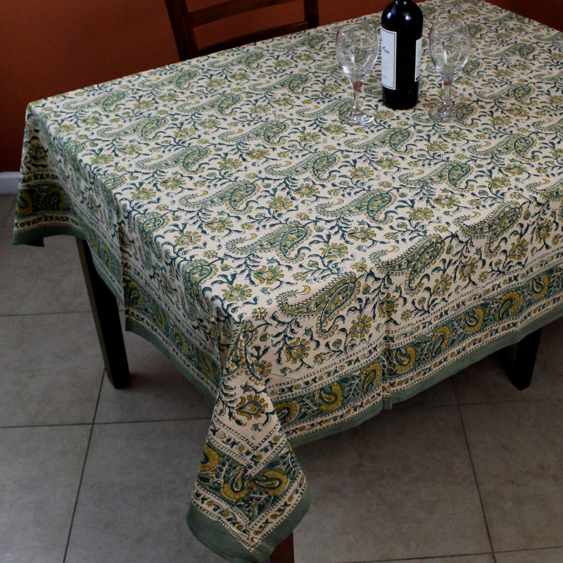 Barham Cotton Paisley Floral Hand Block Printed Tablecloth, Green Yellow, 104" L x 70" W