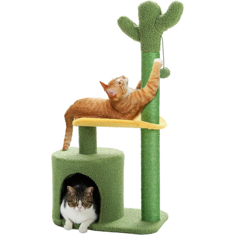 Arbre à chat, tour d'arbre à chat en cactus de 36,5 pouces avec poteaux à griffer en sisal pour chats d'intérieur, maisonnette confortable pour chat, perchoir moelleux et boule moelleuse pour petits chats