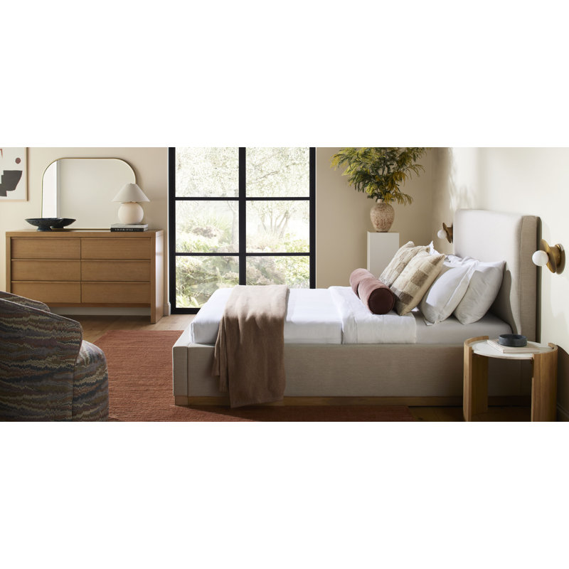 Delpha Grounded Upholstered Wood Base Bed, Queen, Effie Linen Performance Linen