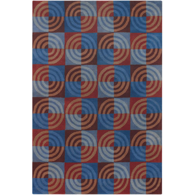Tapis en laine touffeté à la main Altamirano - bleu, bleu marine, rouge, orange, brun et gris - cercles concentriques de style art