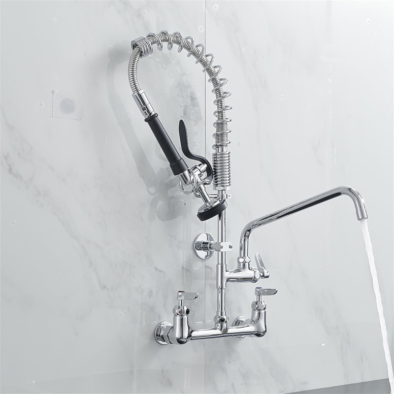 Kitchen Faucet Deck Mount With Pre-Rinse Sprayer 21" Height Kitchen Sink Faucet 8 Inch Center With 10" Add-On Swing Spout Faucet & Coiled Spring Pull Down Spray