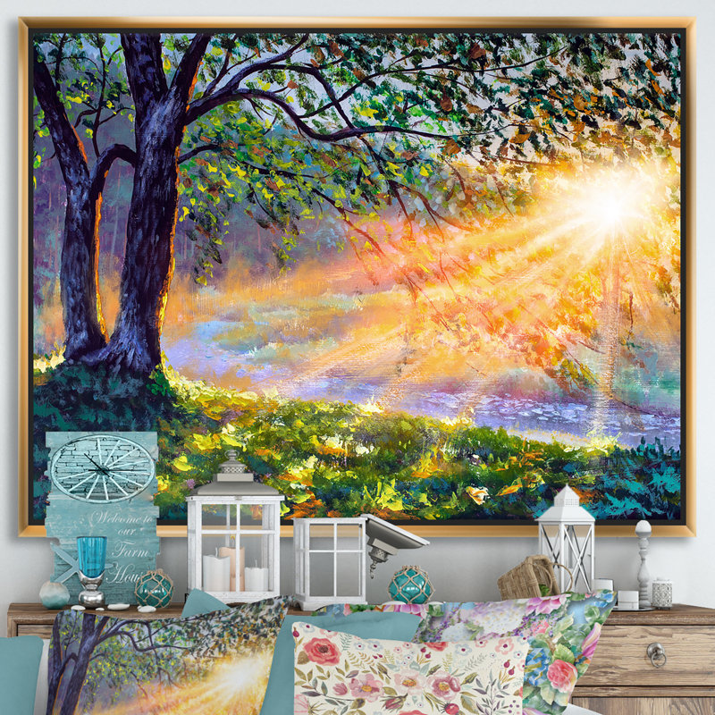 «Dawn Sunshine Light by the River», reproduction d'art sur toile, H 36 po x l 46 po x 1,5 po, Toile encadrée d'or