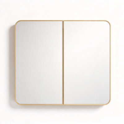 Armoire à pharmacie à double porte encadrée dorée avec miroir, armoire de rangement murale et encastrée, armoire à miroir à tablettes réglables pour meuble-lavabo