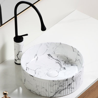 Vasque ronde pour salle de bain, 36 cm (L) x 36 cm (l) x 13 cm (H), marbre noir et blanc, robinet et bonde, débit d'eau régulier, filtration rapide des débris. Vasque en céramique 36 x 36 x 13 cm avec robinet, résistant aux taches.