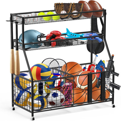 Organisateurs de garage et rangement - Organisateur d'équipement de sport avec panier et crochets, organisateur de rangement de jouets, support de rangement de balles pour basketball, balle de tennis, volleyball, football, baseball, noir