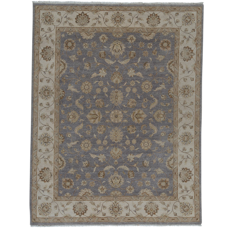 Tapis vert / ivoire / mauve de haute qualité noué à la main