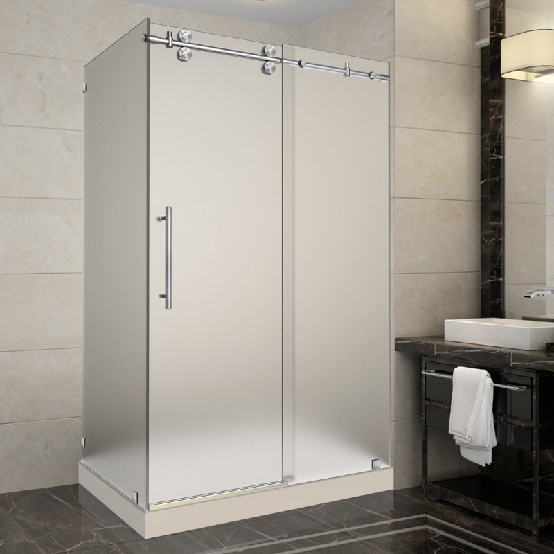 Langham 48" W x 35" D x 77.5" H Frameless Rectangle Sliding Shower enclosure with Base Included, Right, Stainless Steel