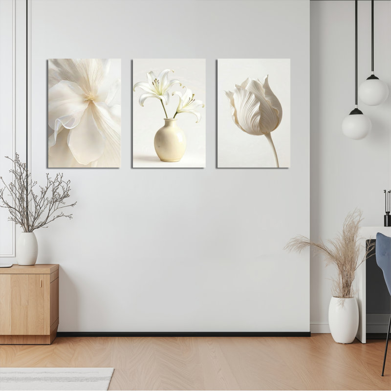 White Lily Floral Canvas Wrapped Wall Art Oil Painting Print Set of 3 for Living Room Bedroom Home Decor, 36" H x 72" W
