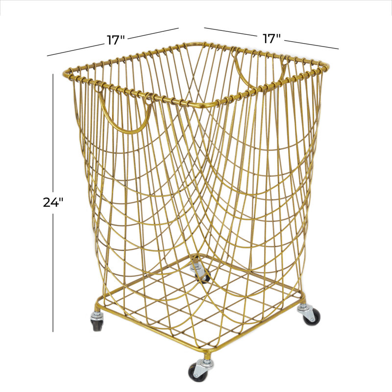 Metal Deep Set Metal Mesh Laundry Basket Storage Cart with Wheels and Handles, Medium ( 24" H x 16.85" W x 16.55" D), Gold