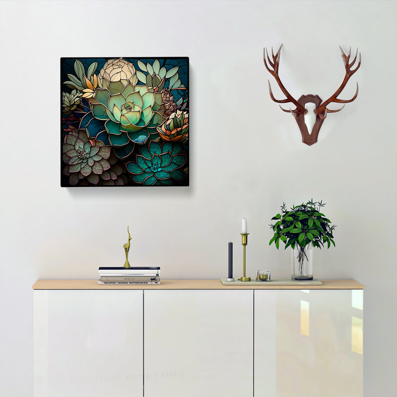 Succulent Stained Glass Effect - Wrapped Canvas, 50cm H x 50cm W x 3cm D