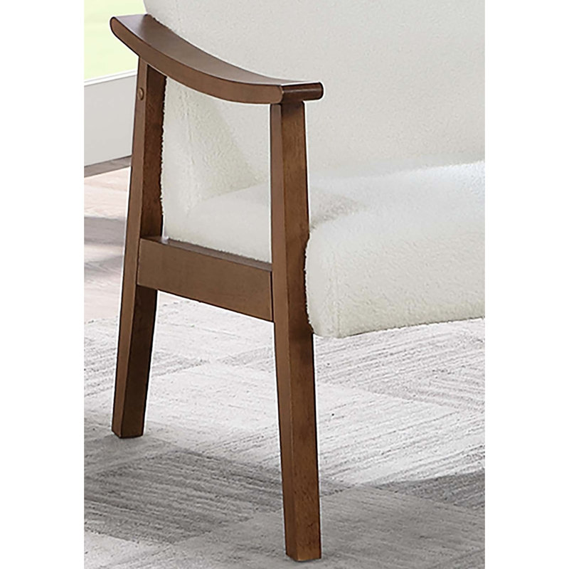 Chaise d'appoint contemporaine et contemporaine en blanc, revêtement en laine, structure en bois et sangles de soutien en tissu blanc avec dossier incliné, siège rembourré, cadre à profil bas et coins confortables