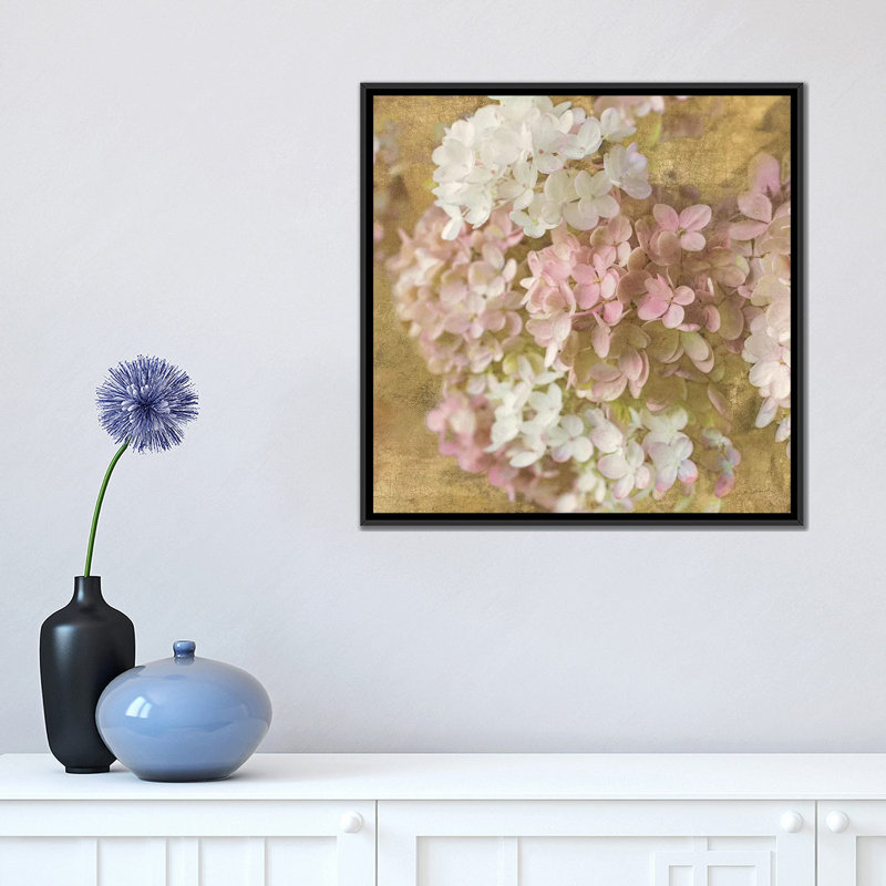 « gilded hortensia ii », impression sur toile tendue, H 18 po x l 18 po x P 1,5 po, Toile avec cadre noir, Pas de tapis