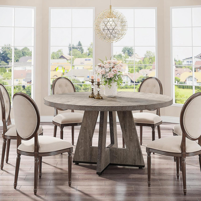 47 Inch Round Farmhouse Dining Table – Rustic Grey Wood Kitchen Table For 4, Sturdy Cross Base Design For Dining And Living Areas
