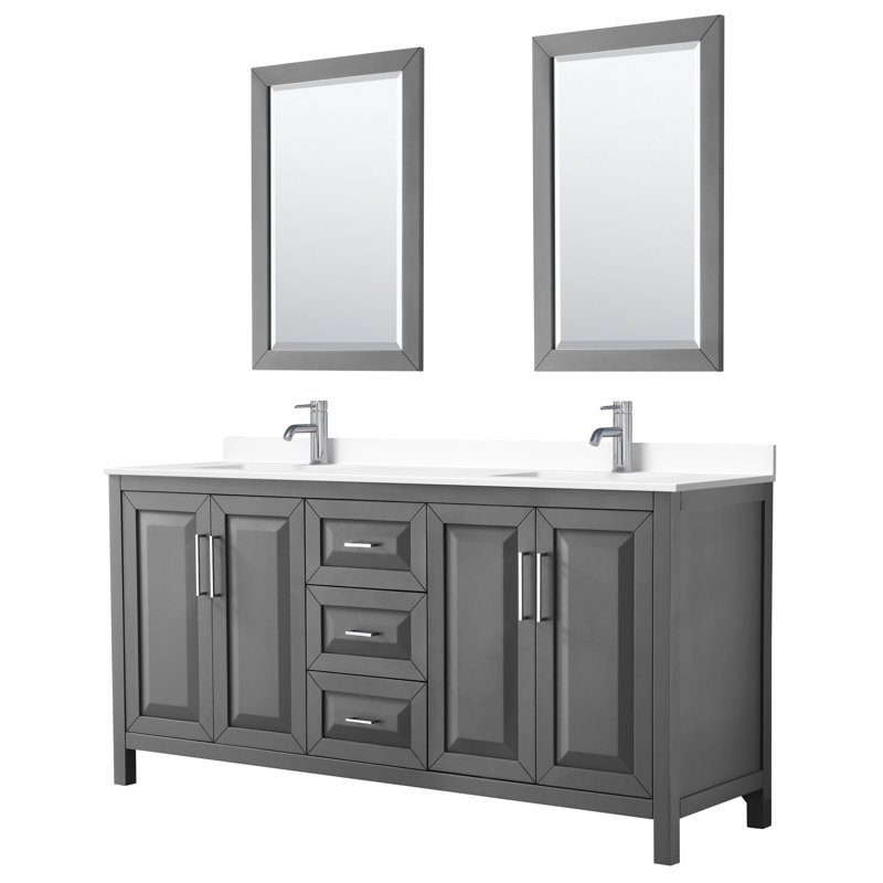 Daria 72'' Double Bathroom Vanity with Carrara Marble Top with Mirror, Polished Chrome, Dark Gray