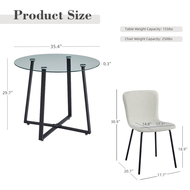 Ensemble de table ronde en verre trempé 35,4 po avec 4 chaises rembourrées en tissu pour la cuisine, la salle à manger et le salon