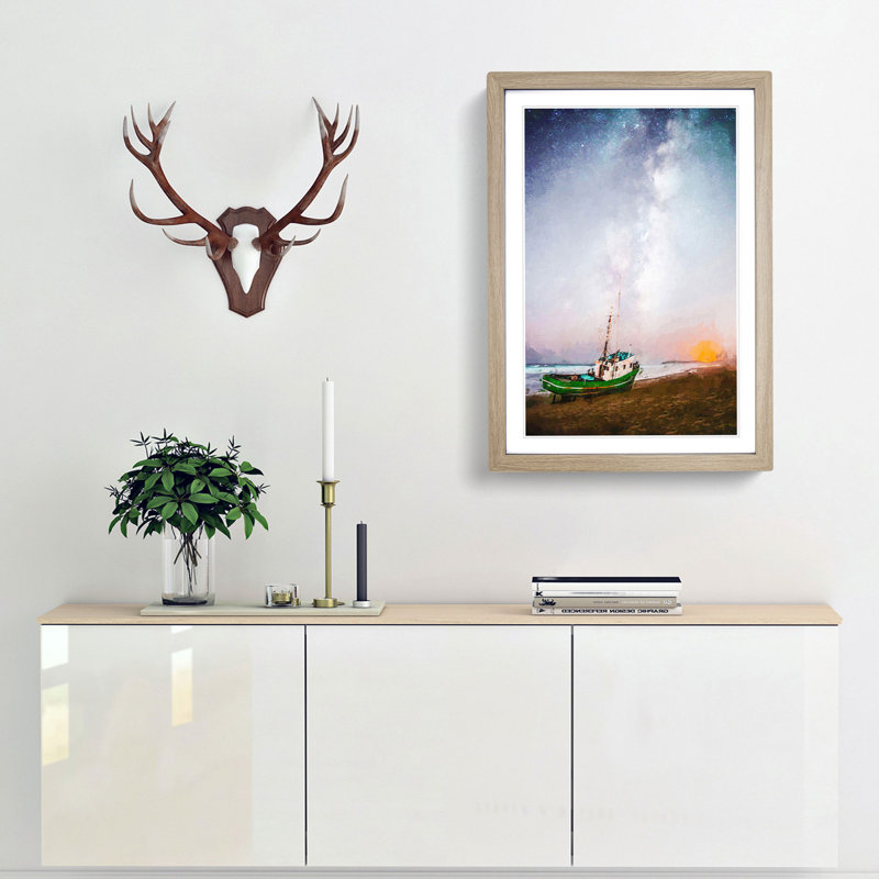 Grounded Fishing Boat at Dusk in Abstract - Picture Frame Graphic Art Print, 87cm H x 62cm W x 2cm D, Oak Framed