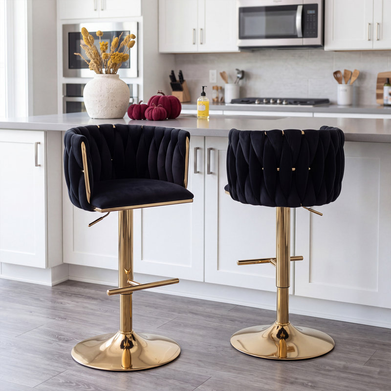 Swivel Adjustable Height Velvet Bar Stool, Black, 2