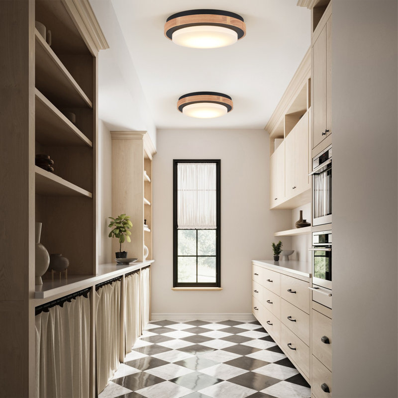 Modern Drum Design Circle Wood LED Flush Mount Ceiling Light Fixture For Kitchen, Bedroom, Foyer, Hallway, Laundry Room