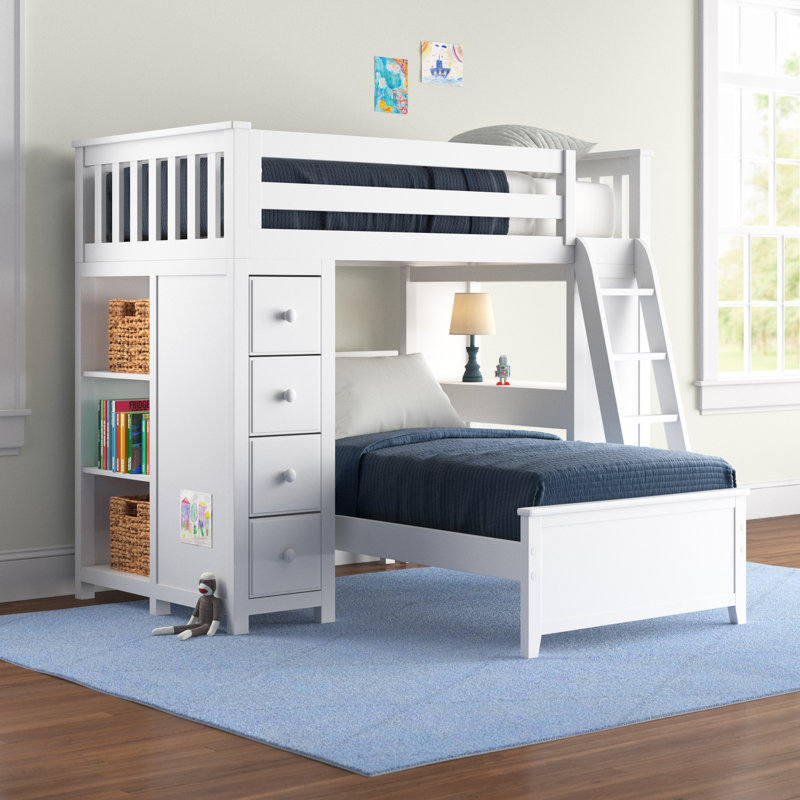 Herminda Twin Solid Wood L-Shaped Bunk Beds with Bookcase, White