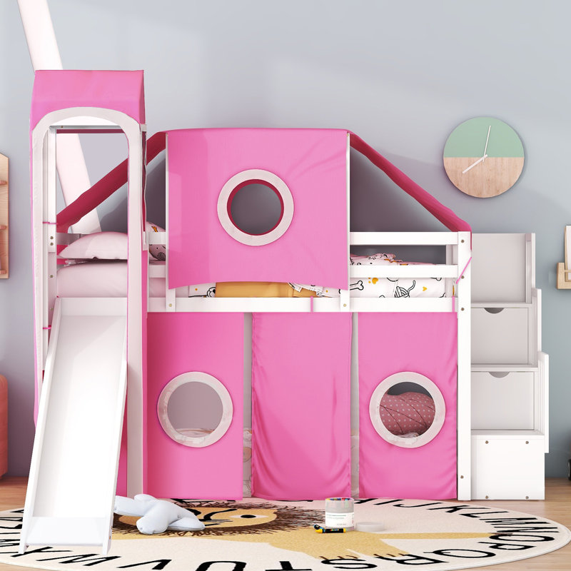 Lit mezzanine simple avec tente et tour - rose
