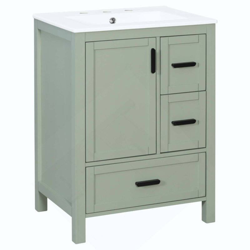 Meuble-lavabo moderne avec lavabo en céramique, porte à fermeture douce, tablette de porte double couche et 3 tiroirs, Vert