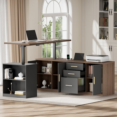 67"W L-Shaped Adjustable Electric Standing Desk With 11 Storage Zones, Executive Corner Desk With File Cabinet, Drawers, Doors and Integrated Charging Station For Home Office