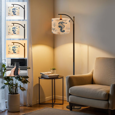  Arc Floor Lamp Marine hand drawn sea shells stars seahorse coral for textiles prints Tall Modern Standing Lamp LED Adjustable Linen Lampshade 3 Color Temperatures