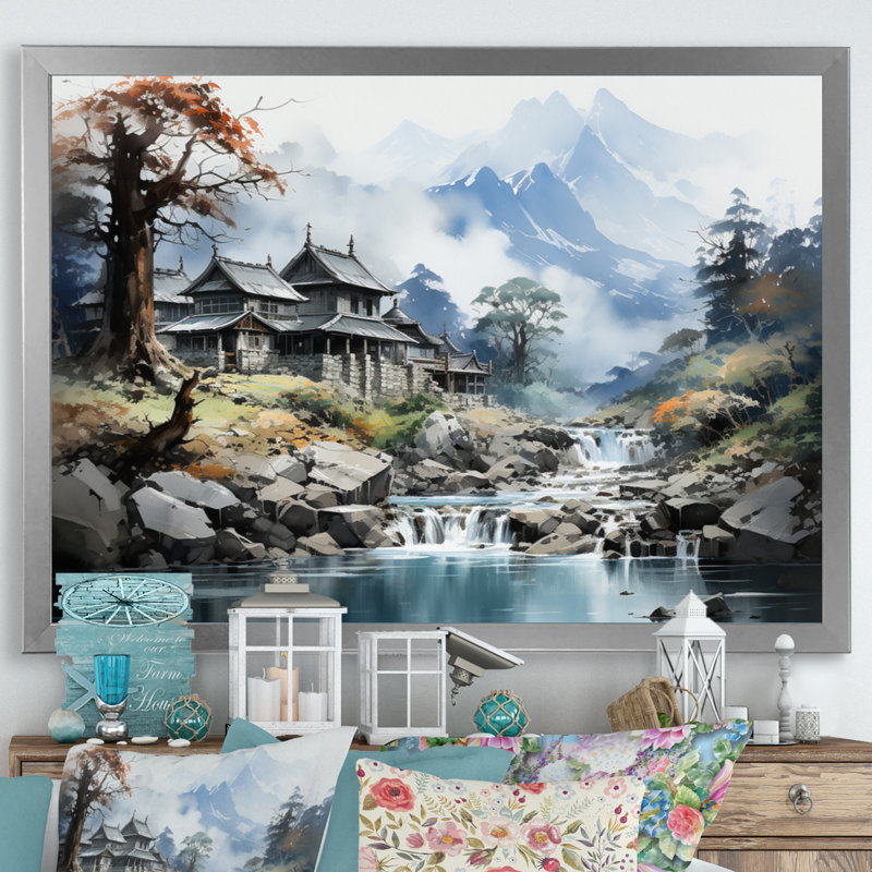 Bernest China Art Misty Mountain sur toile, H 30 po x l 40 po x P 1,5 po, Cadre simple argenté