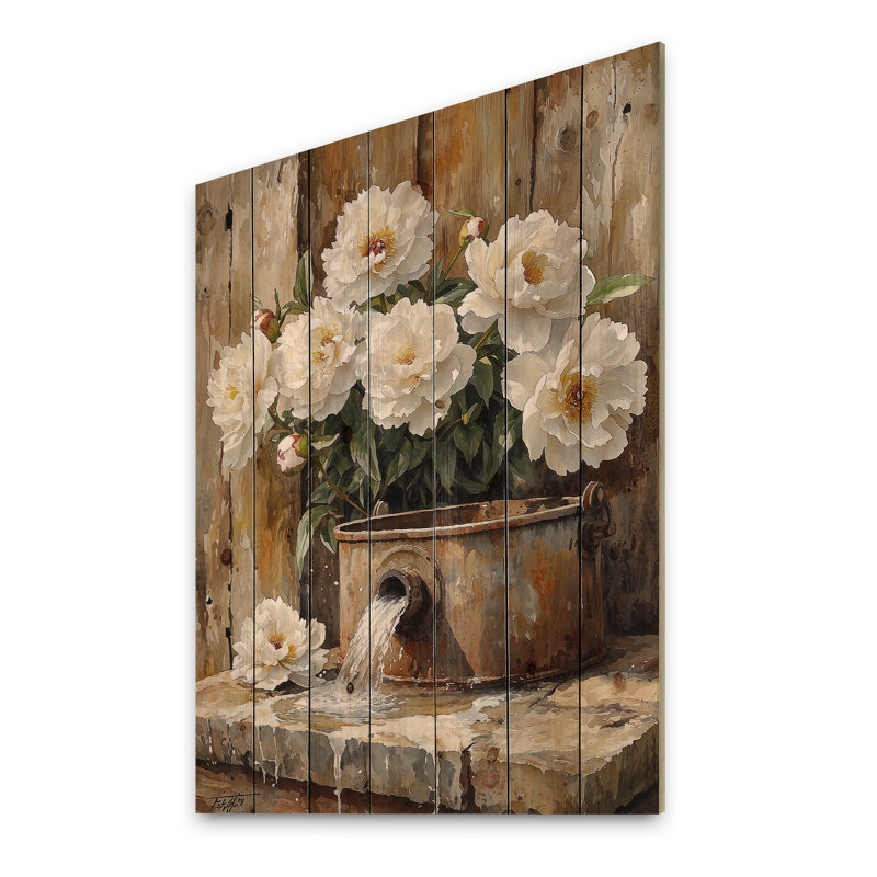 Pivoines par l'arrosage I - Art mural en bois pivoines - sur bois de pin naturel, H 32 po x l 24 po x P 0,78 po