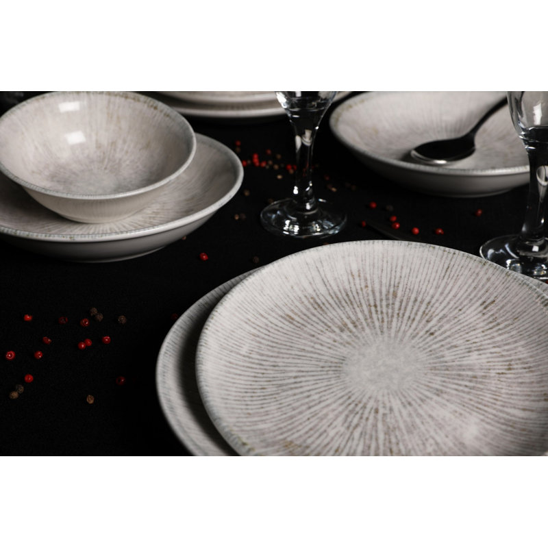 Elegant 24-Piece Dinner Set, Grey Porcelain, Includes 6 Deep Plates (7.9 x 7.9 x 1.6 in), 6 Dessert Plates (8.3 x 8.3 x 0.8 in), 6 Service Plates (9.8 x 9.8 x 0.8 in), 6 Bowls (5.9 x 5.9 x 2.0 in) | Microwave & Dishwasher Safe, Perfect for Stylish Dining