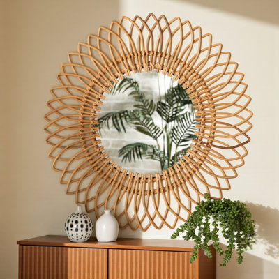 Miroir d'appoint mural rond en rotin naturel de style bohémien Xarvin