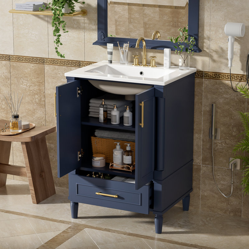 Meuble-lavabo moderne avec motif orné, charnières à fermeture en douceur et rangement réglable, idéal pour les salles de bain élégantes et efficaces.