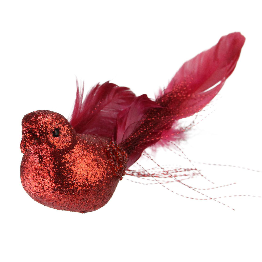 7" Red and Brown Glittered Bird with Feather Tail Christmas Ornament with Clip Northlight Seasonal