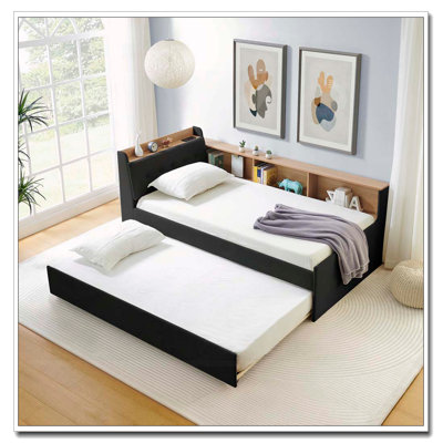 Velvet Upholstered Storage Daybed Frame with Wireless Charging,Pop-Up Trundle & LED Lights