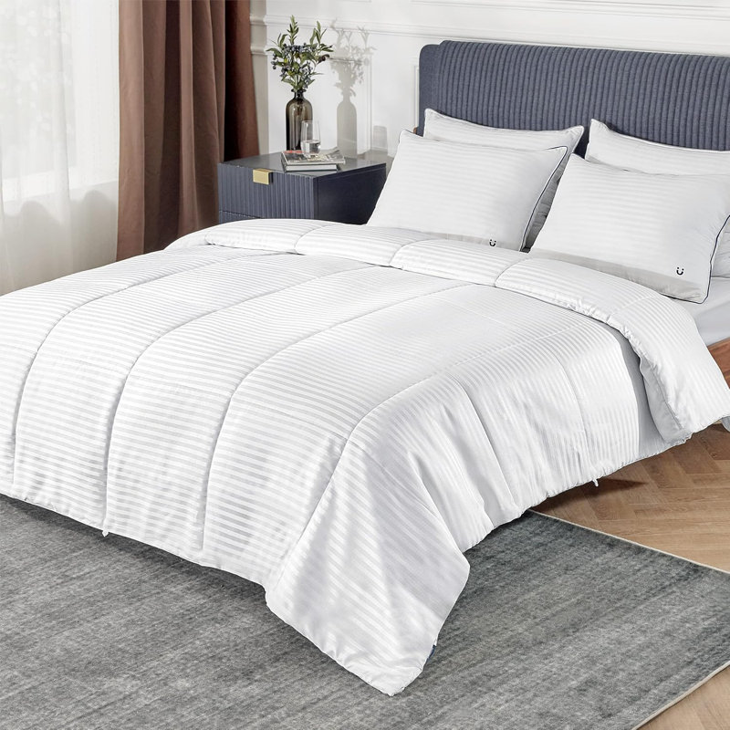 Bedsure Queen Striped Jacquard Quilted Duvet Insert – Down Alternative, All-Season Comforter, White , Queen Comforter